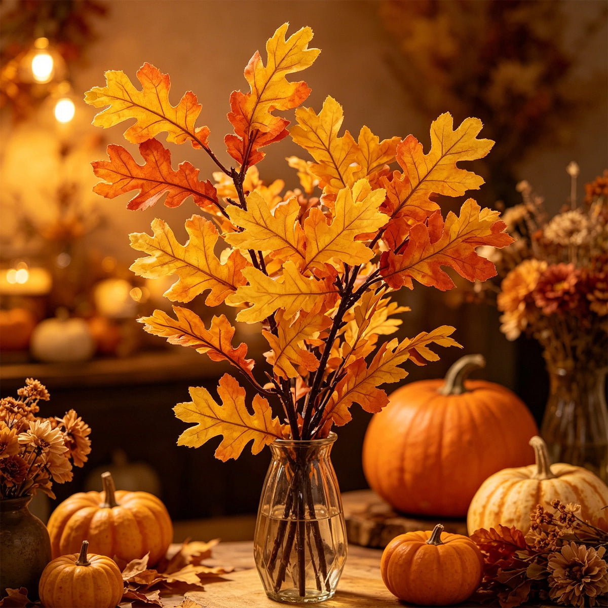 SCNOR Artificial Fall Oak Leaves 2-Pack, Faux Autumn Stems for Vase, Thanksgiving Halloween Table Decor