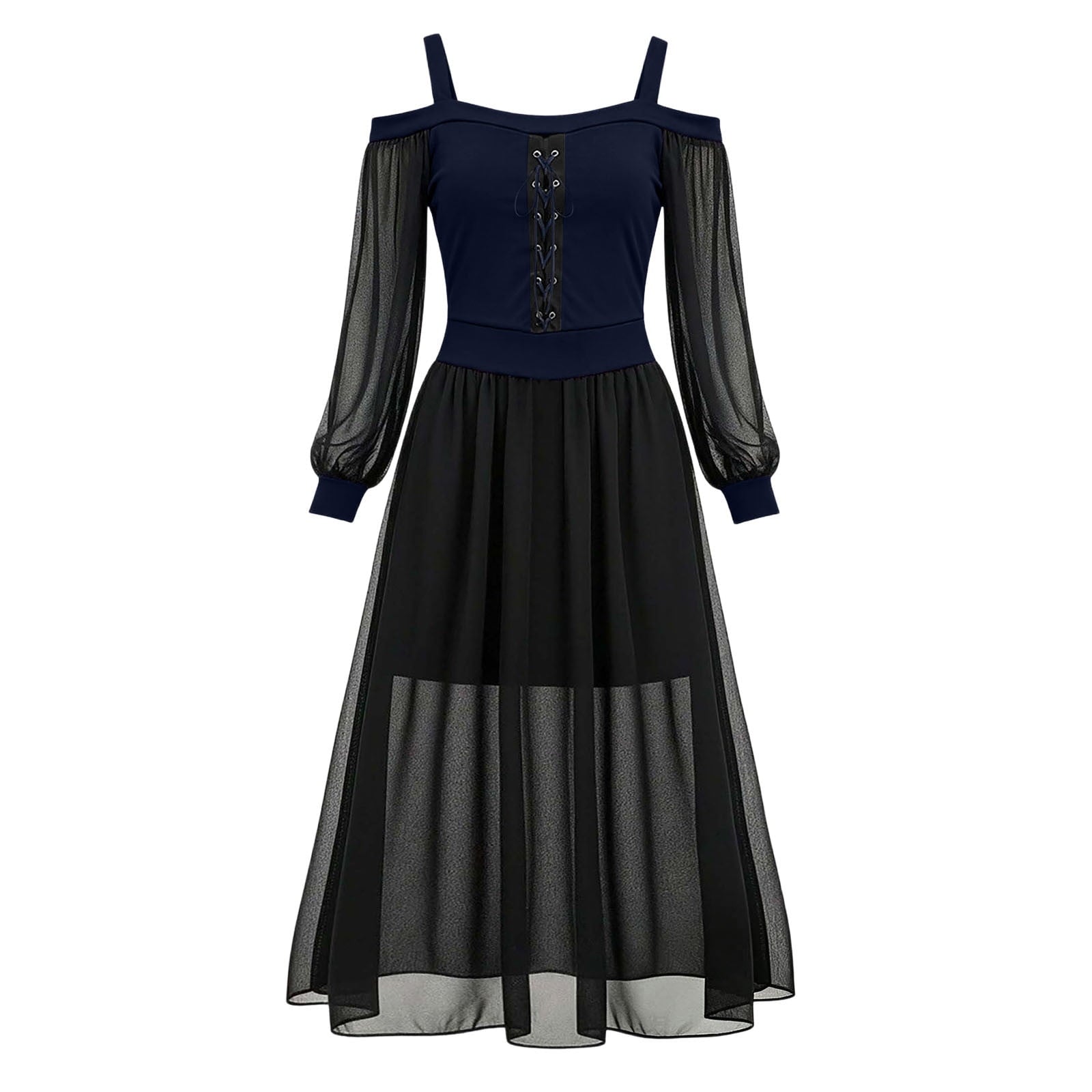 JOANKDMI Women's Gothic Midi Dress Elegant Vampire Costume Cold Shoulder Sheer Long Sleeve Lace-up Corset for Roleplay Halloween Party Outfit Chic, S-3XL