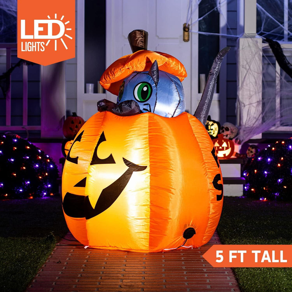 Joyfy 5 ft Halloween Inflatable Animated Cat on Pumpkin,Halloween Outdoor Decoration with LED Lights,Blow Up Decoration for Yard & Lawn,Party