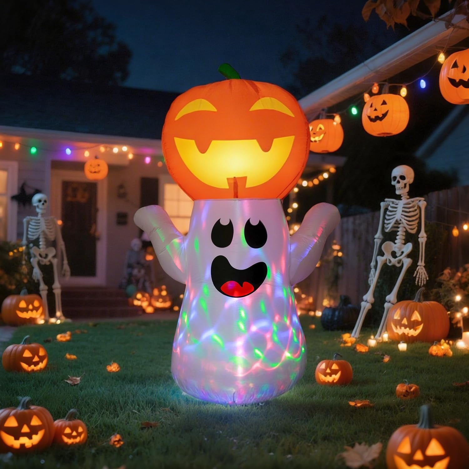 5FT Halloween Inflatable Pumpkin with 360° Rotating LED Lights, Outdoor/Indoor Decor