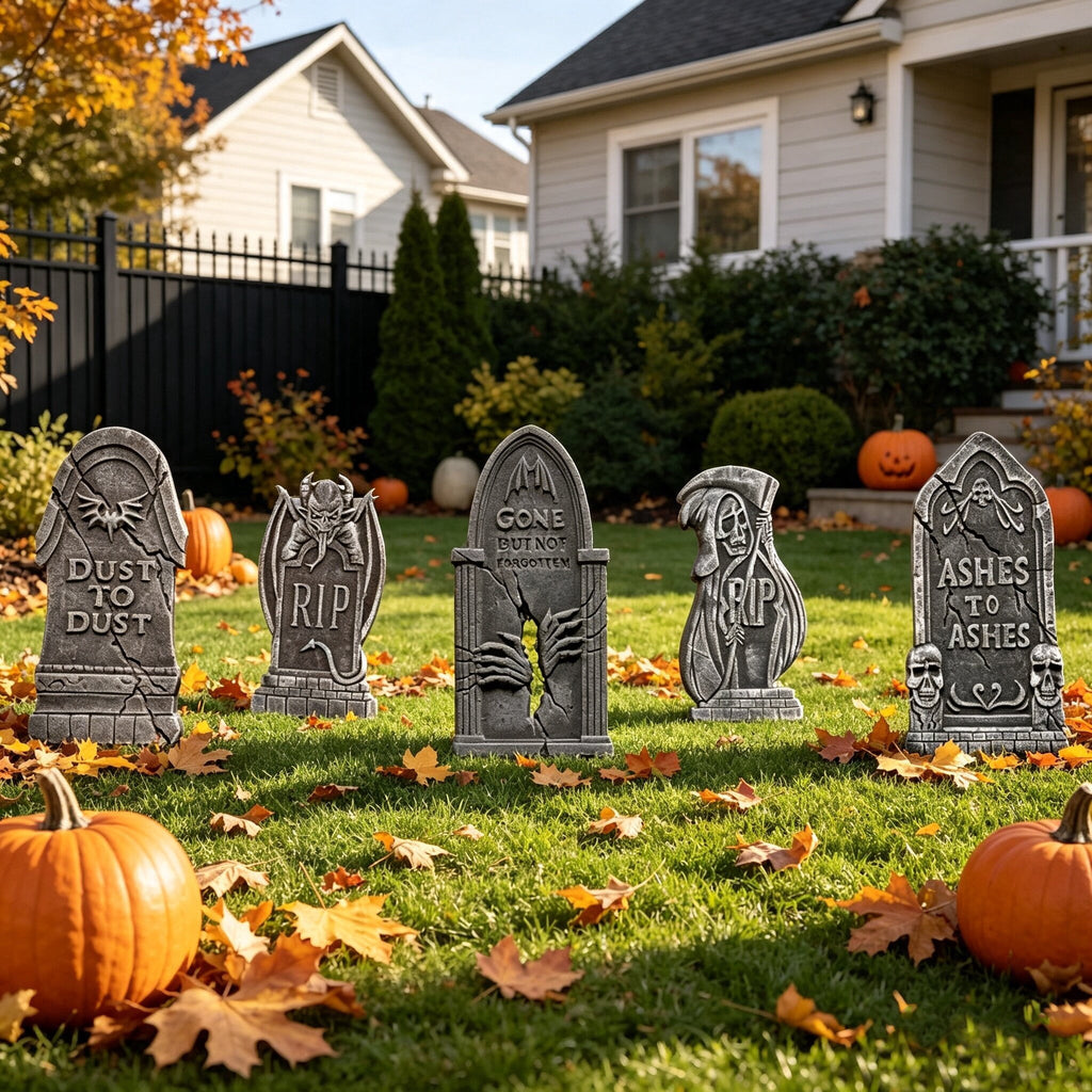 Coolmade 17 Inch Halloween Tombstones, 5 Pack Foam Yard Decor with Stakes, Gray Outdoor Graveyard Headstones