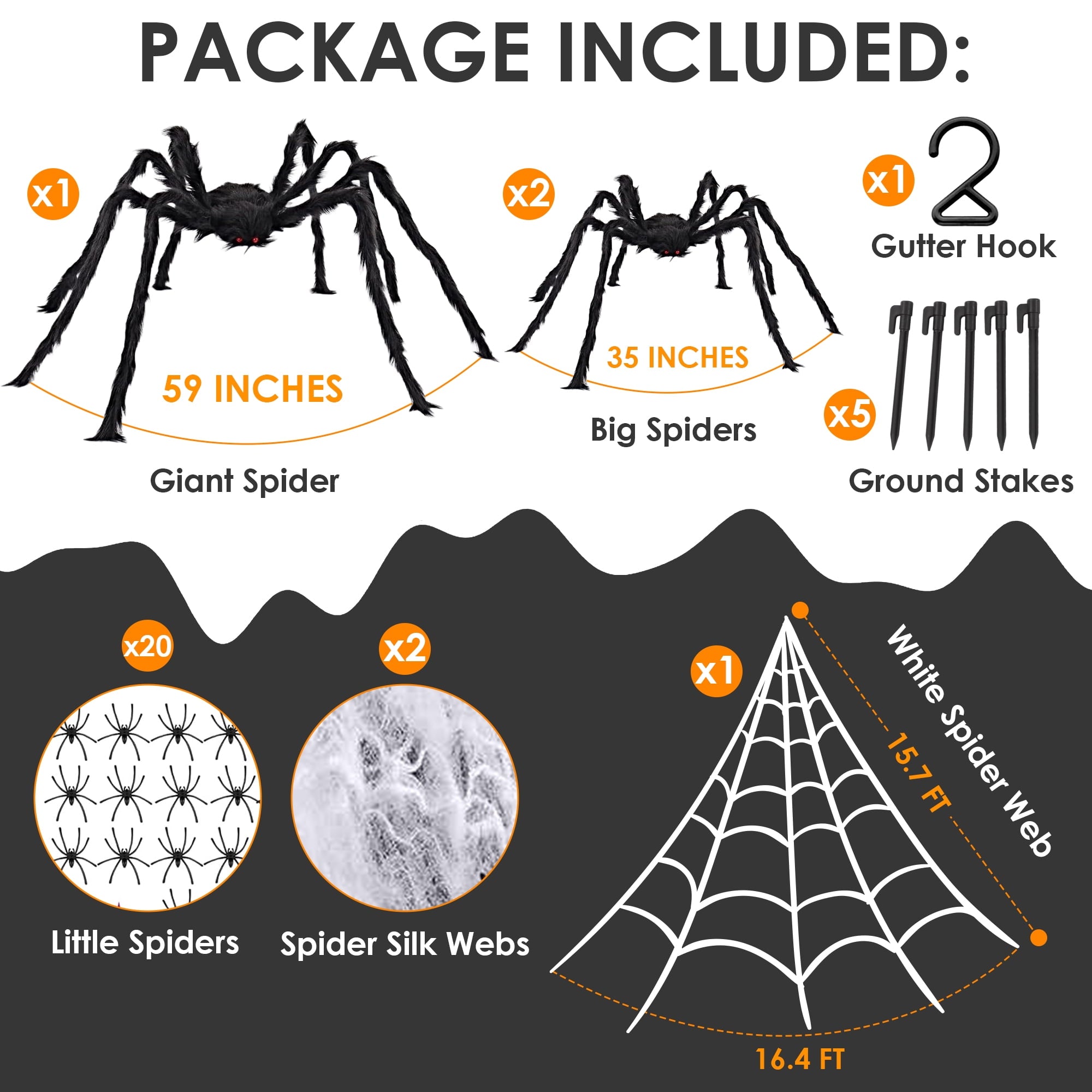 JEEXI Full Set of Halloween Decorations Outdoor 200'' Triangular Spider Web +3 Giant Fake Red Eyes Spiders, Halloween Décor Indoor for Home, Outside Yard Costumes Party Haunted House Garden Lawn