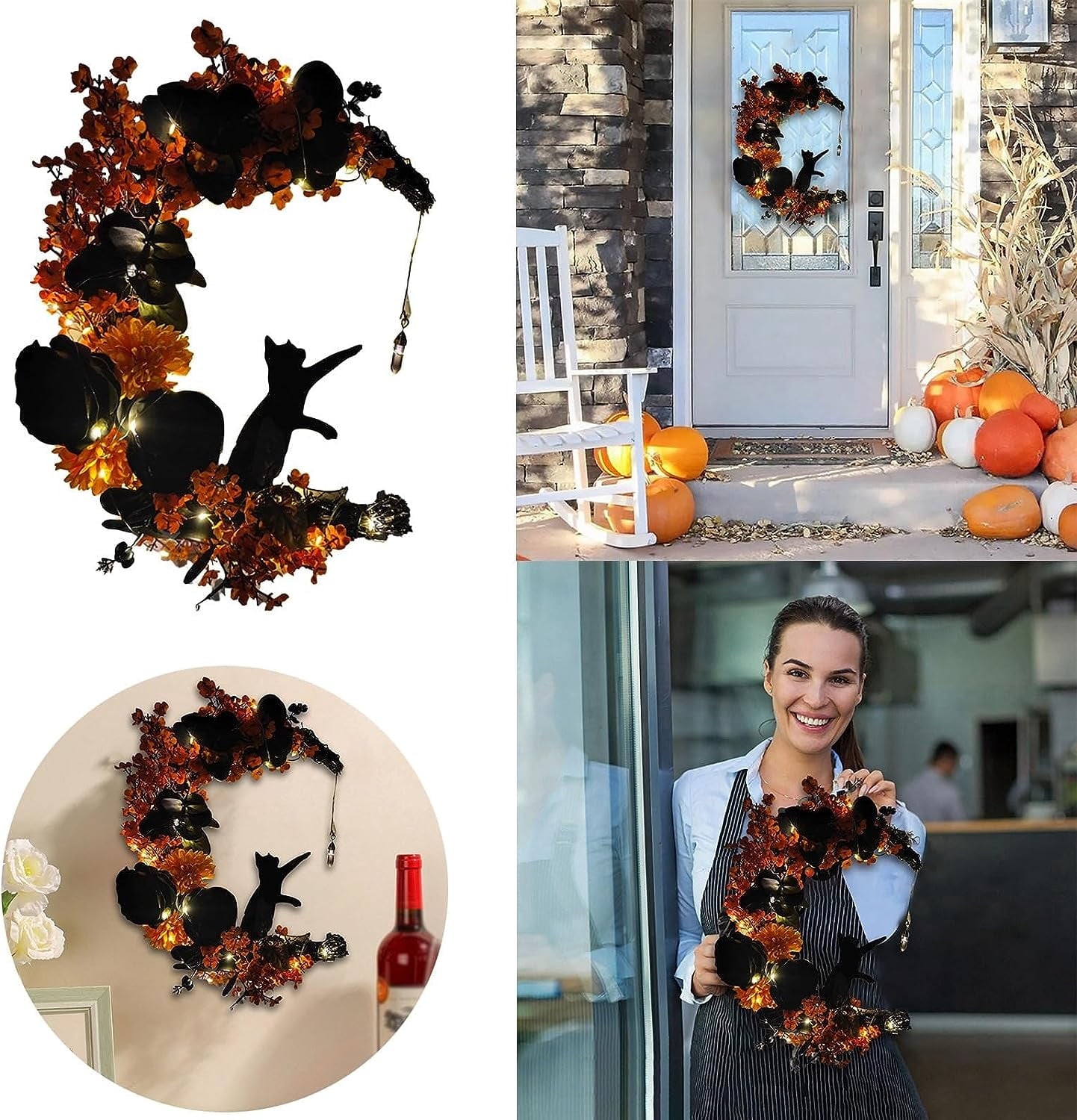 Wiher Halloween Wreaths with Lights for Front Door, 13.77" Halloween Moon Wreath with Black Cat Wood Wreath Halloween Wreath Horror Decorations for Home Party Window Wall Indoor Outdoor C