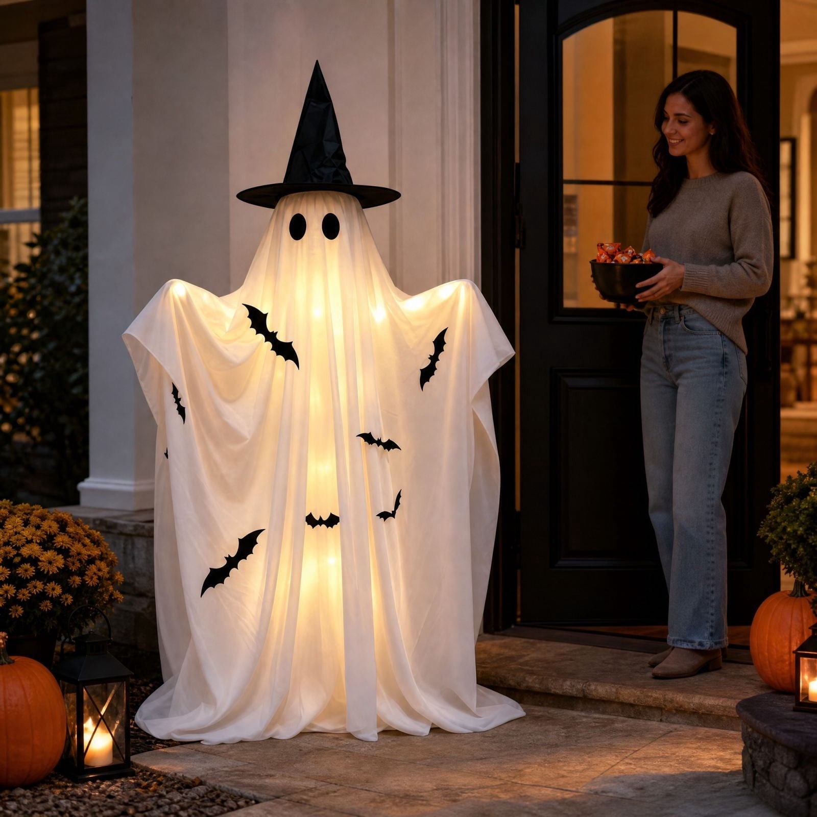 Halloween Light-Up Ghost Decorations Outdoor - 6.5 FT - 8 Sounds Gaint Hanging Swing Ghost Halloween Decoration, Spooky Cute Ghosts Decorations for Front Porch Yard Tree