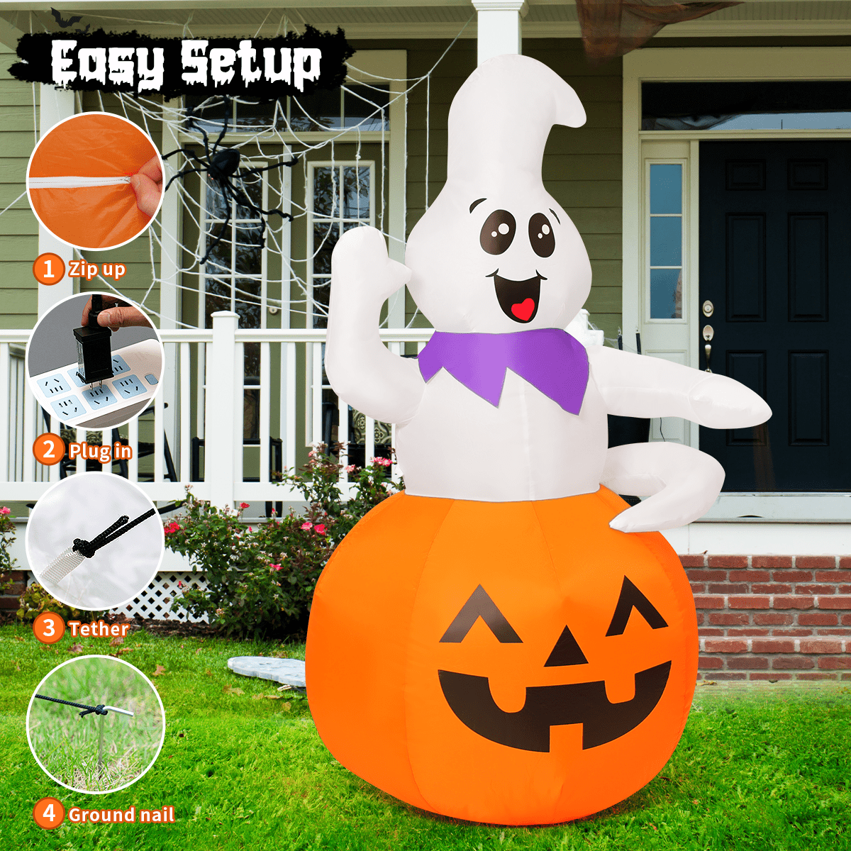 GOOSH Halloween Inflatable 5 FT Pumpkin Ghost Inflatable, Cute Ghost Pumpkin Inflatable Halloween Blow Up Decorations with LED Lights, Outdoor Halloween Decorations Clearance for Halloween/Holiday