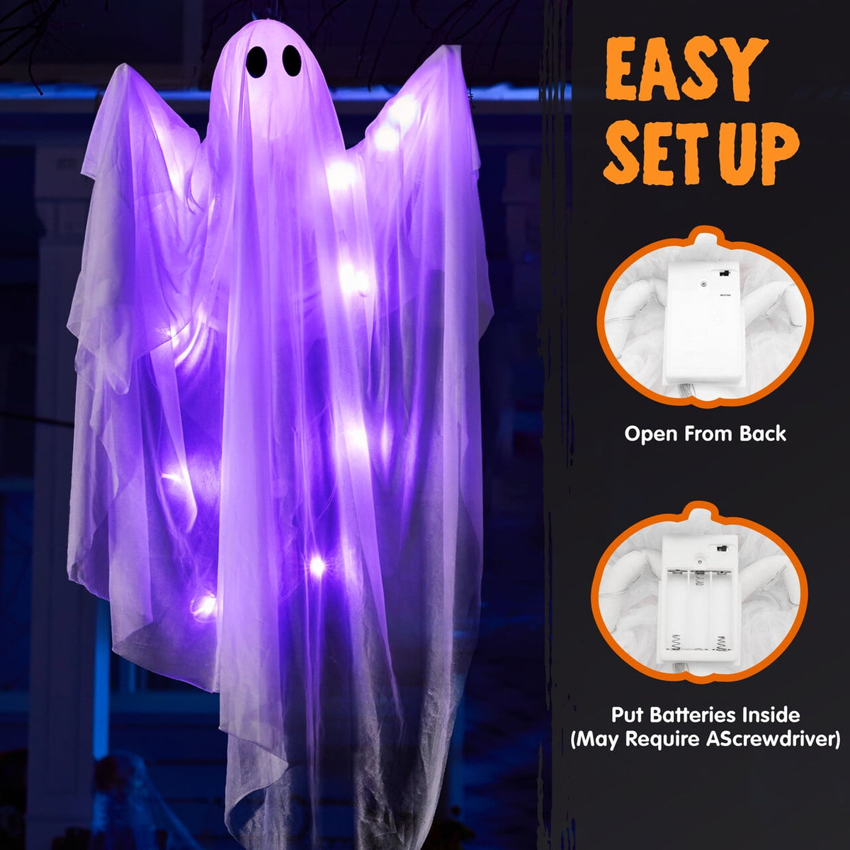 Joyfy 47inch Halloween Decorations Outdoor Hanging Ghost,Light up White Ghosts with Spooky Warm White LED Light,Halloween Outdoor Yard Porch Decorations,Haunted House Decorations