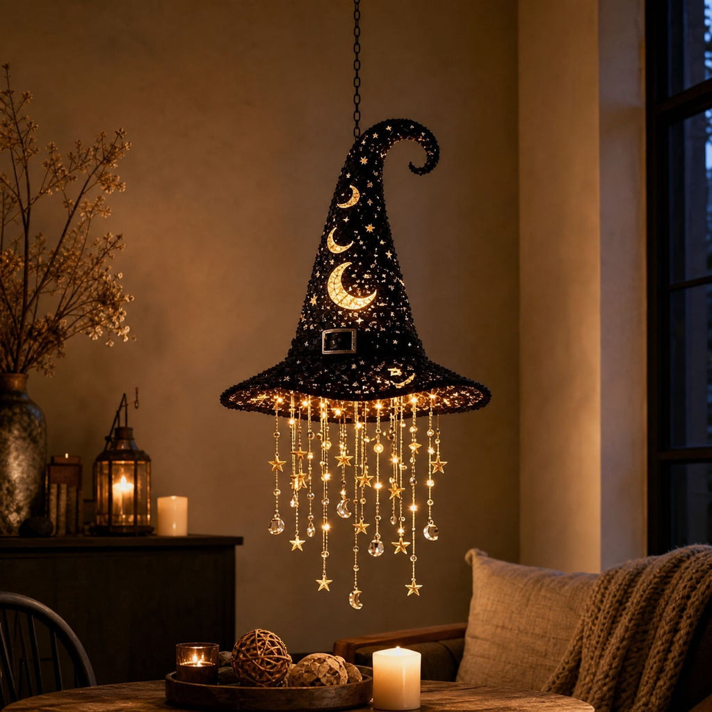 Stijggn Halloween Witch Hat, Black Hanging Witch Hats with Rope, Witch Costume Accessories Floating, Witches Hat with Hanging Rope for Porch Yard Indoor Outdoor Halloween Party Decor