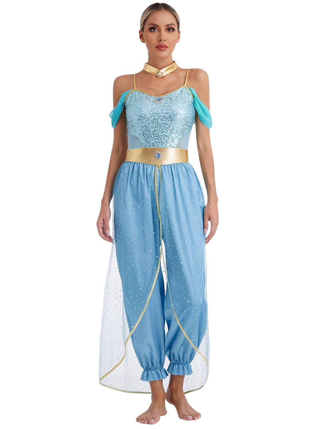YiZYiF Women's Arabian Princess Dance Costume Halloween Party Fancy Dress Shiny Belly Dance Jumpsuit Turquoise B M