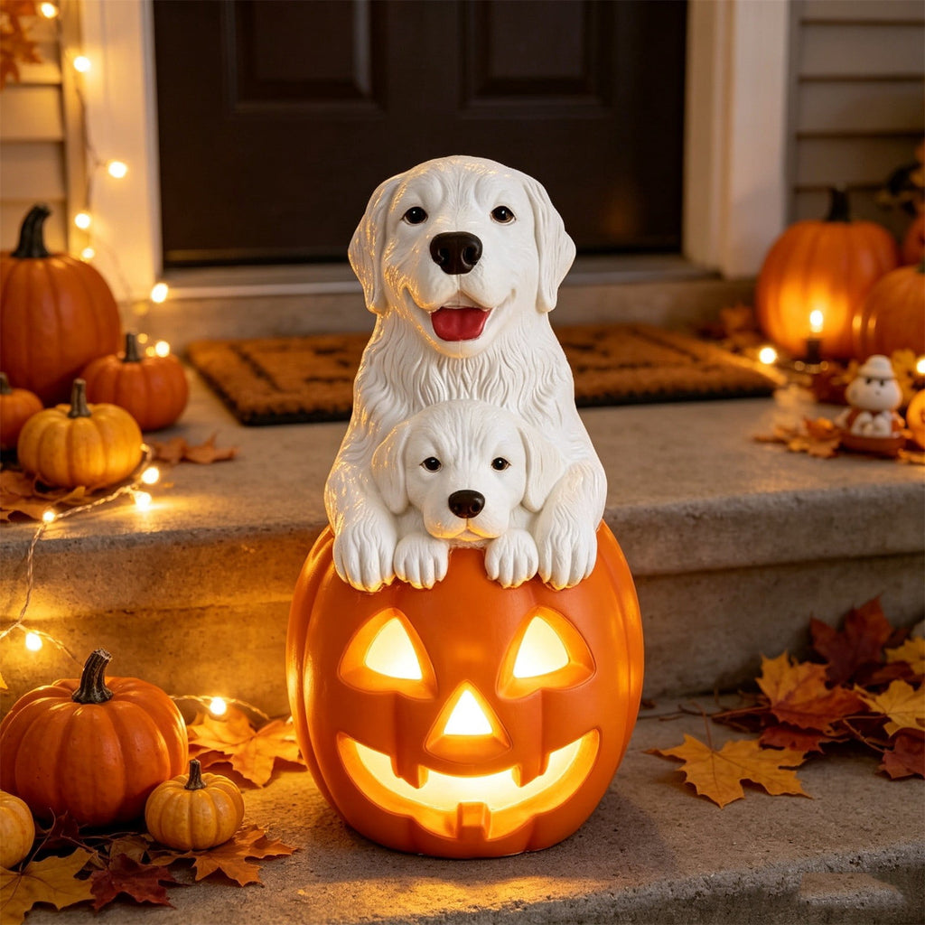 Gray Frenchie in Shark Costume Blow Mold, Halloween French Bulldog Statue with Light Up Pumpkin Decor, Cute Resin Outdoor Indoor Tabletop Dog Ornament, Entryway Patio Yard Decoration, 8"