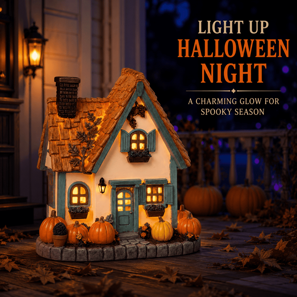 Fall Harvest Light Up Cottage House, LED Resin Pumpkin Autumn Halloween Thanksgiving Tabletop Decor with Warm Glow for Mantel Shelf Home Office Seasonal Decoration, 6" (1 PC)