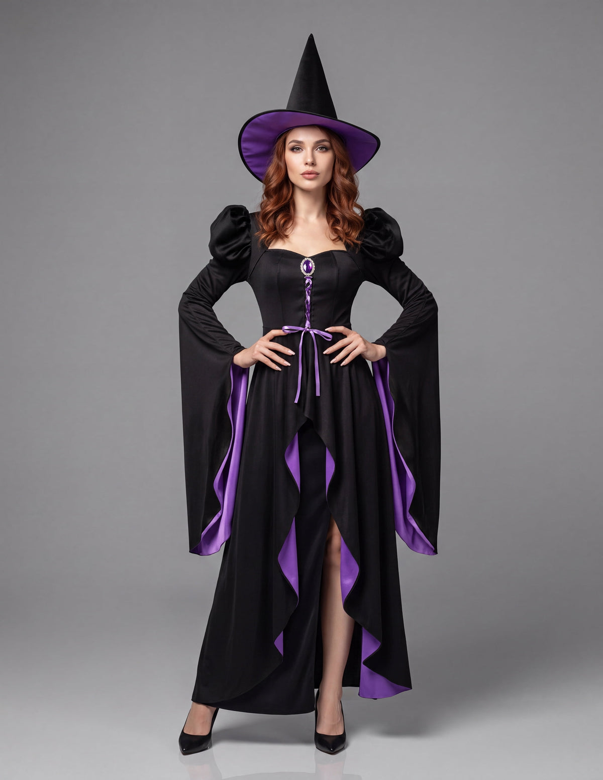 Joyfy Witch Costume for Women, Starry Witch Dress with Belt Hat for Adult Halloween Party Cosplay Dress up