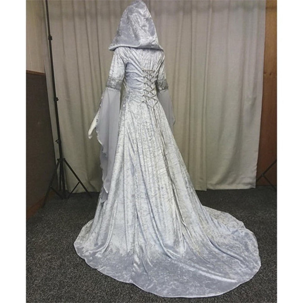 Medieval Renaissance Hooded Dress for Women, Silver Gothic Witch Costume with Lace-Up Corset, Vintage Velvet Long Sleeve Gown for Halloween Cosplay Renaissance Wedding Themed Party-Dark Blue/L