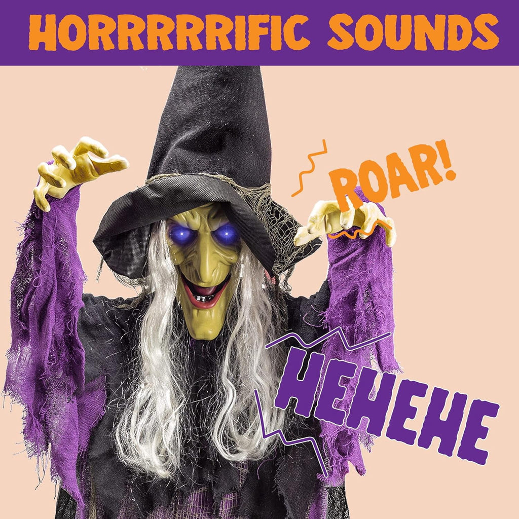Joyfy 6ft Halloween Witch Decoration,Outdoor Scary Halloween Animatronic Hanging Witch with Light Up Eyes and Sound Decoration for Halloween Outdoor