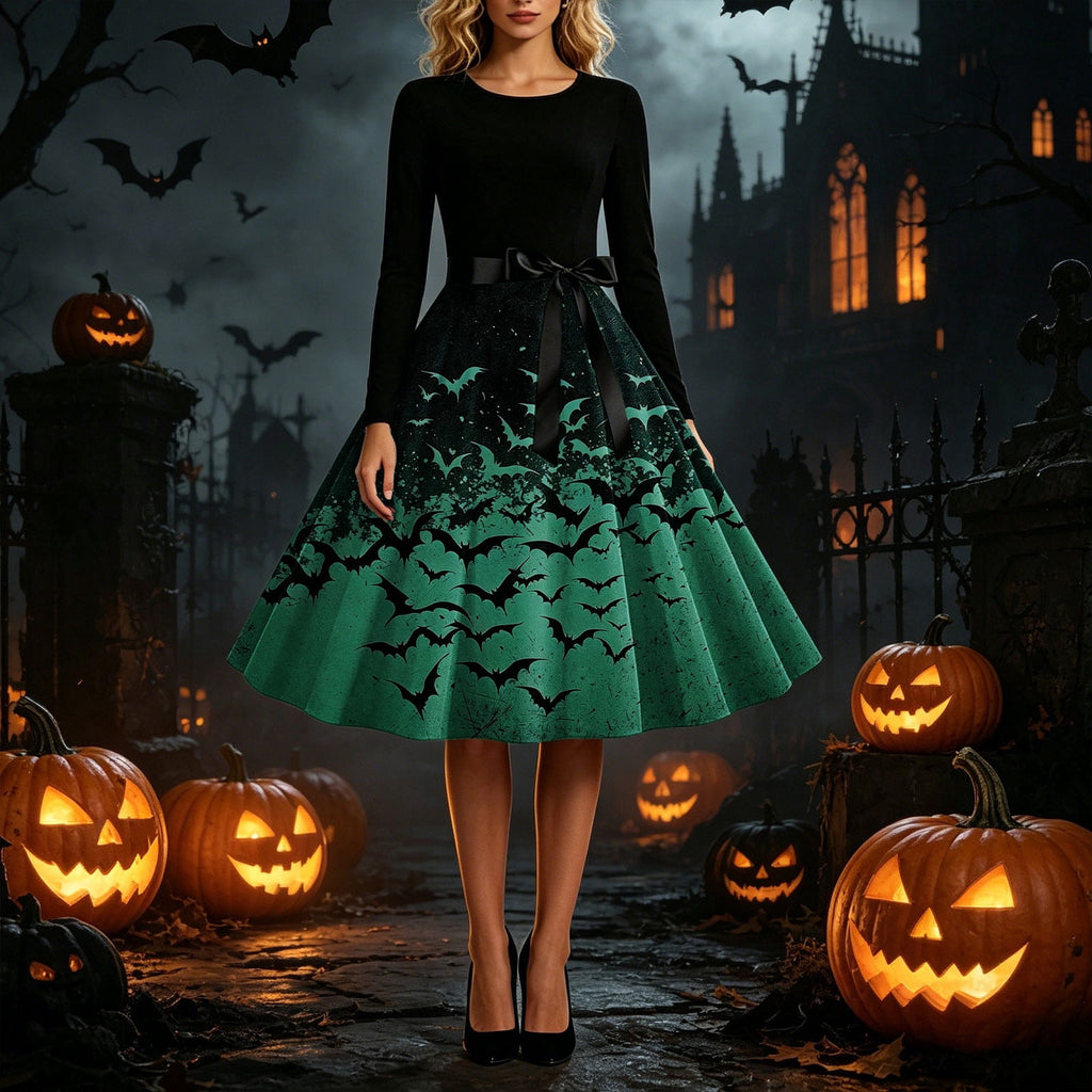 Women's Vintage Halloween Bat Print Swing Dress Long Sleeve 1950s Retro A-Line Midi Dresses with Satin Sash Belt for Gothic Cosplay Evening Prom Party