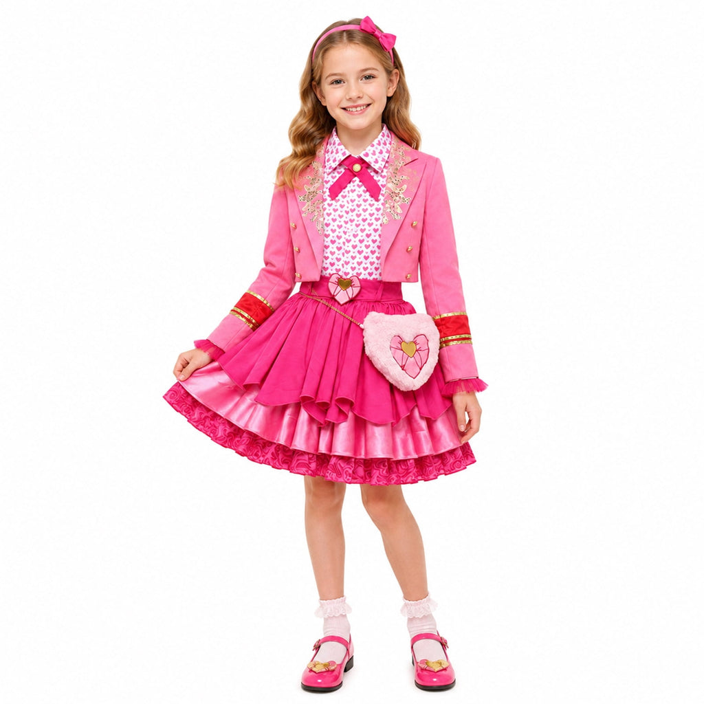 Guvpev G'irls Halloween Princess Costume, Pink Princess Dress Full Set with Heart Print Jacket, Shirt, Layered Skirt & Fuzzy Bag, Halloween Cosplay Outfits for Birthday Party & Fancy Dress Up