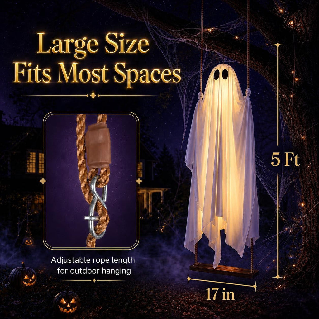 Halloween Decorations Outdoor - 5 FT Large Hanging Swing Ghost Halloween Decor with String Lights, Spooky Cute Ghosts Decorations for Front Porch Yard Tree