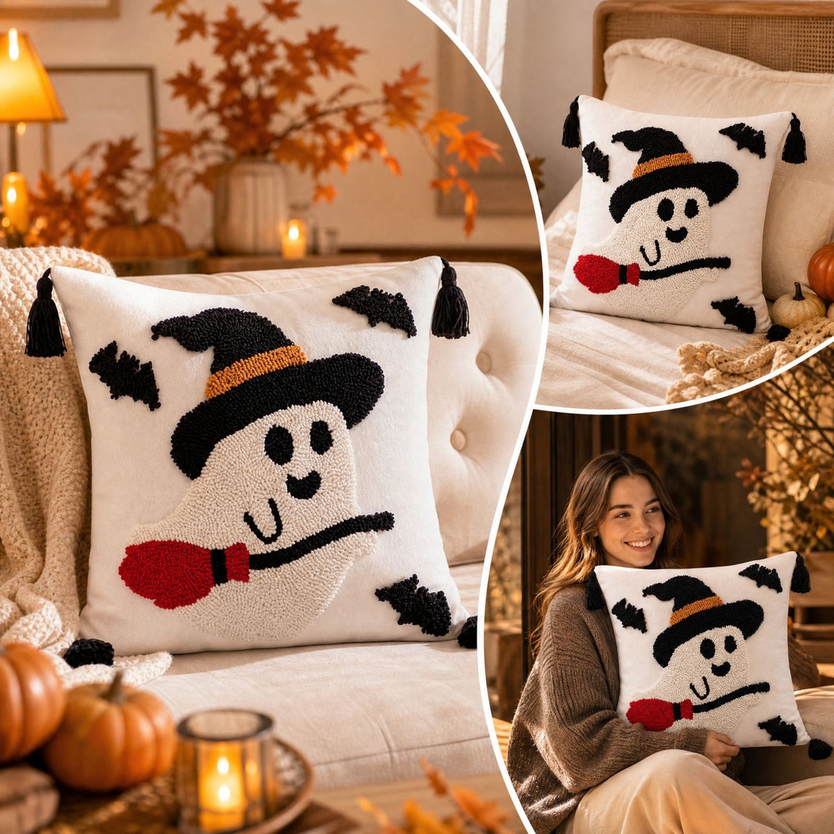 Halloween Ghost Reading Book Throw Pillow Cover, Spooky Library Bookshelf Skull Candlestick Decorative Pillowcase, Retro Halloween Cushion Cover