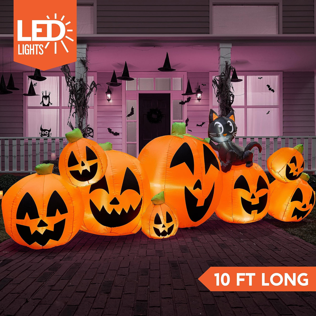 Joyfy 7 ft Halloween Inflatable Long Pumpkin with Witch's Cat Decorations Inflatables with Build-in LEDs,Halloween Decor Outdoor Blow Up Yard Decorations