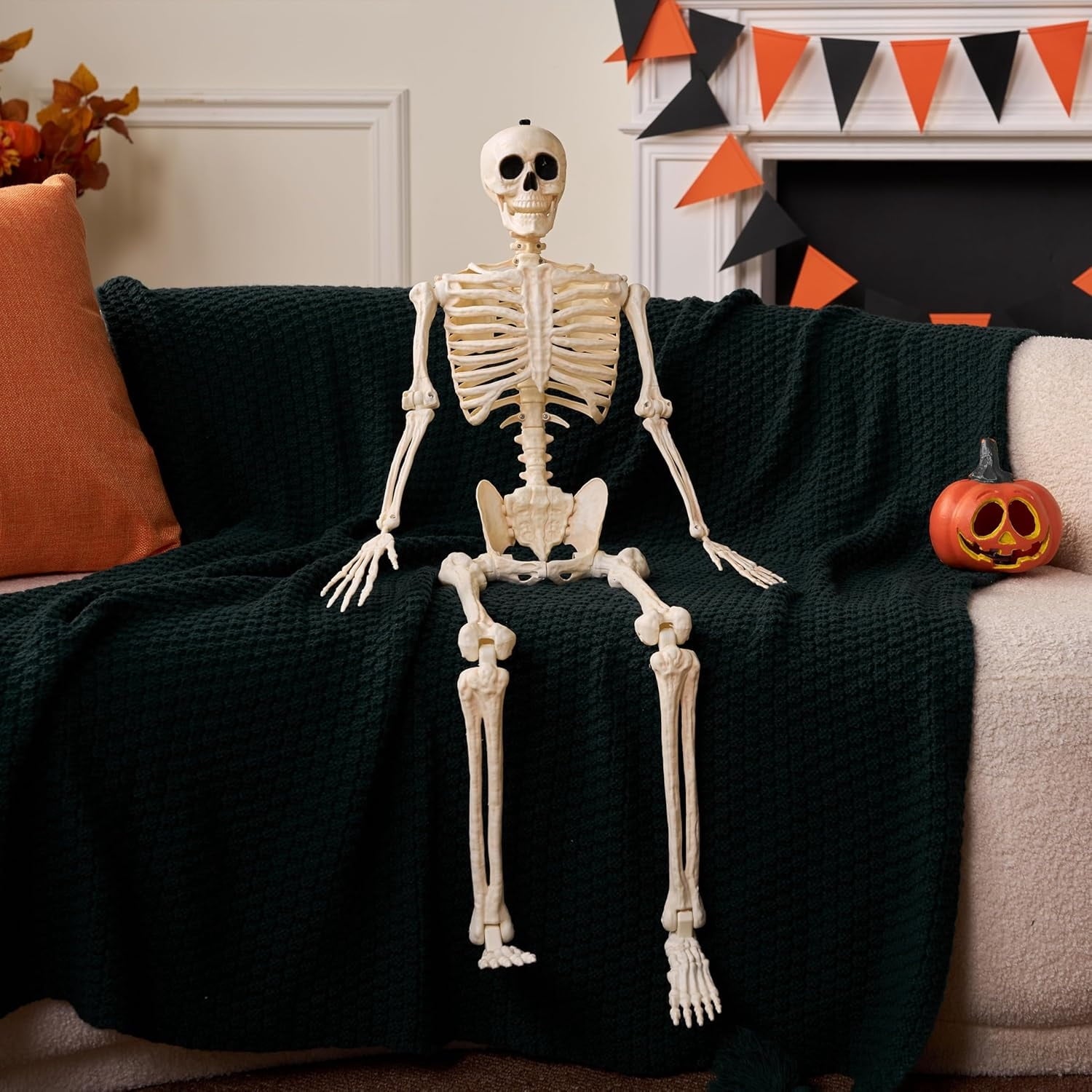 Joyfy 24 Inch Halloween Skeleton Decor with LED Light Eyes,Posable Skeleton Halloween Prop Full Body with Movable Joints for Haunted House Indoor Outdoor Decoration Spooky Decor