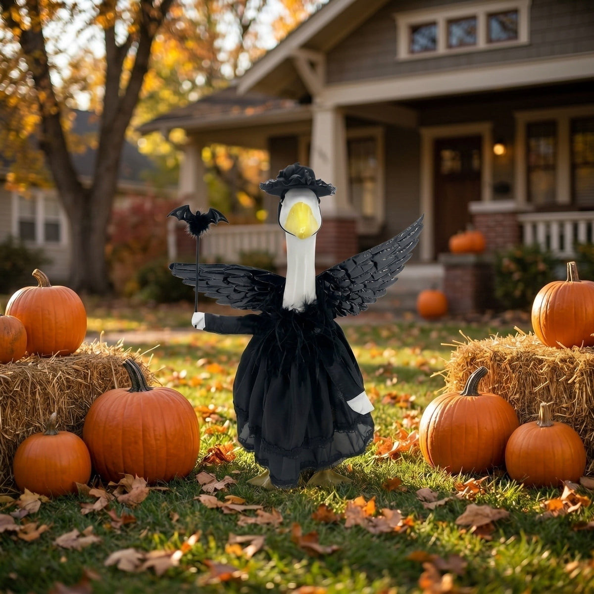 Bat Witch Hat Spiderweb Halloween Goose Clothes Fit 17/23In Cement Plastic Lawn Goose, Stylish Full Set for Outdoor Yard Patio Garden Seasonal Halloween Home Ornamental Arrangement