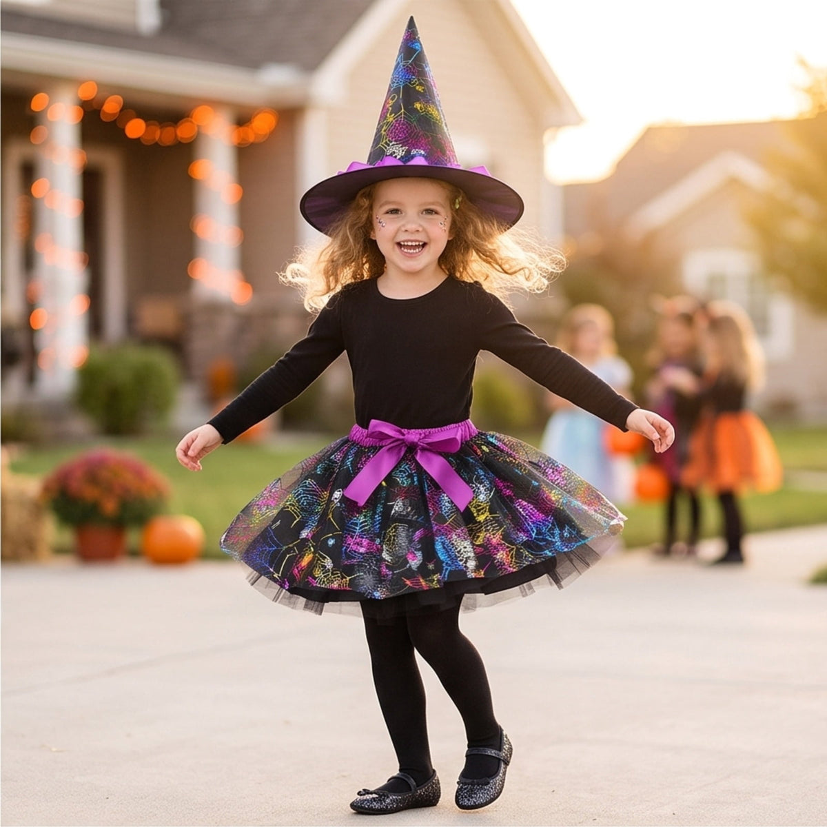 choiix Witch Tutu Skirt and Hat Set with Broomstick Halloween Costume Outfit with Printed Tulle Skirt and Witch Hat Cosplay Outfit for Party 100