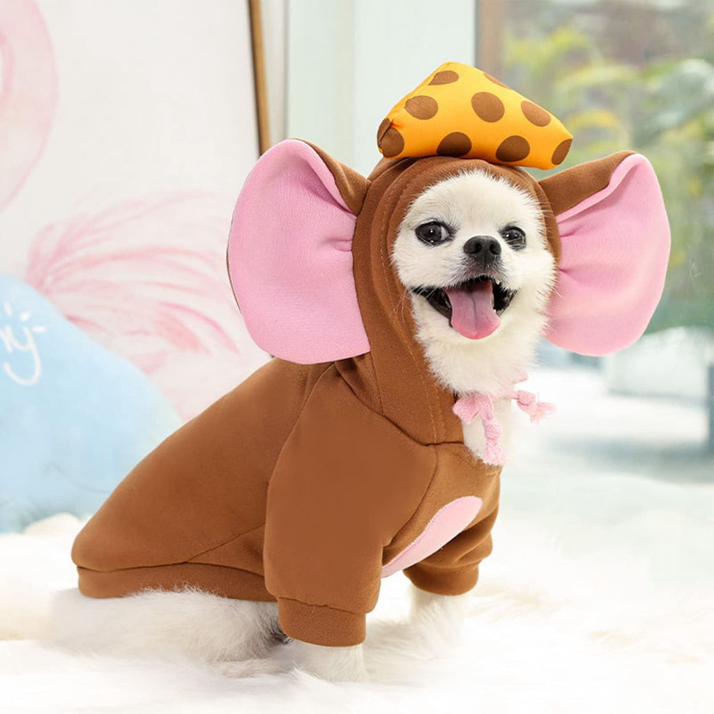 WILLED Winter Big Ear Mouse Dog Hoodies, Cute Cheese Warm Pet Halloween Costume, for Small to Medium Dogs, Puppy French Bulldog, Chihuahua, Gray, XXS