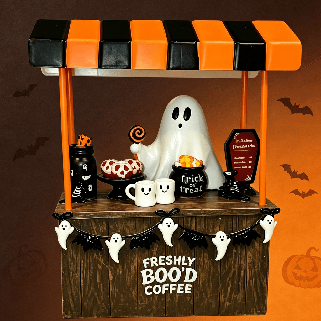 Halloween Spooky Coffee Stand, Ghost Barista Booth Figurine, Spooky Coffee Statue Built with Spooky Little Coffee Stand, Freshly Boo’d Coffee Ghost Fall Decor, Creative Birthday & Holiday Gift