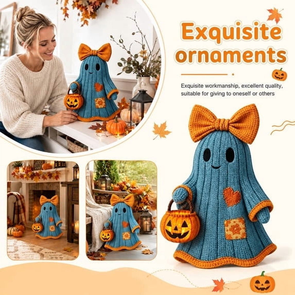 TOYOUME Vintage Patchwork Ghost, LED Glowing Retro Ghost Figurine, Floral Bow and Pumpkin Bucket for Warm Fall and Halloween Decoration, D