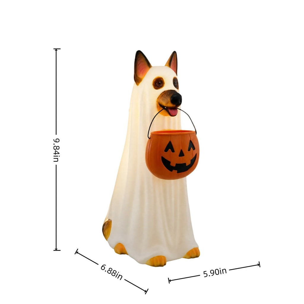 Ghost Dog,Ghost Decor,Halloween Light Up Ghost Dog Statue, LED Ghost Puppy Holding Pumpkin Candy Bucket, Waterproof Outdoor Decoration For Front Yard Porch Garden(White A 10in)