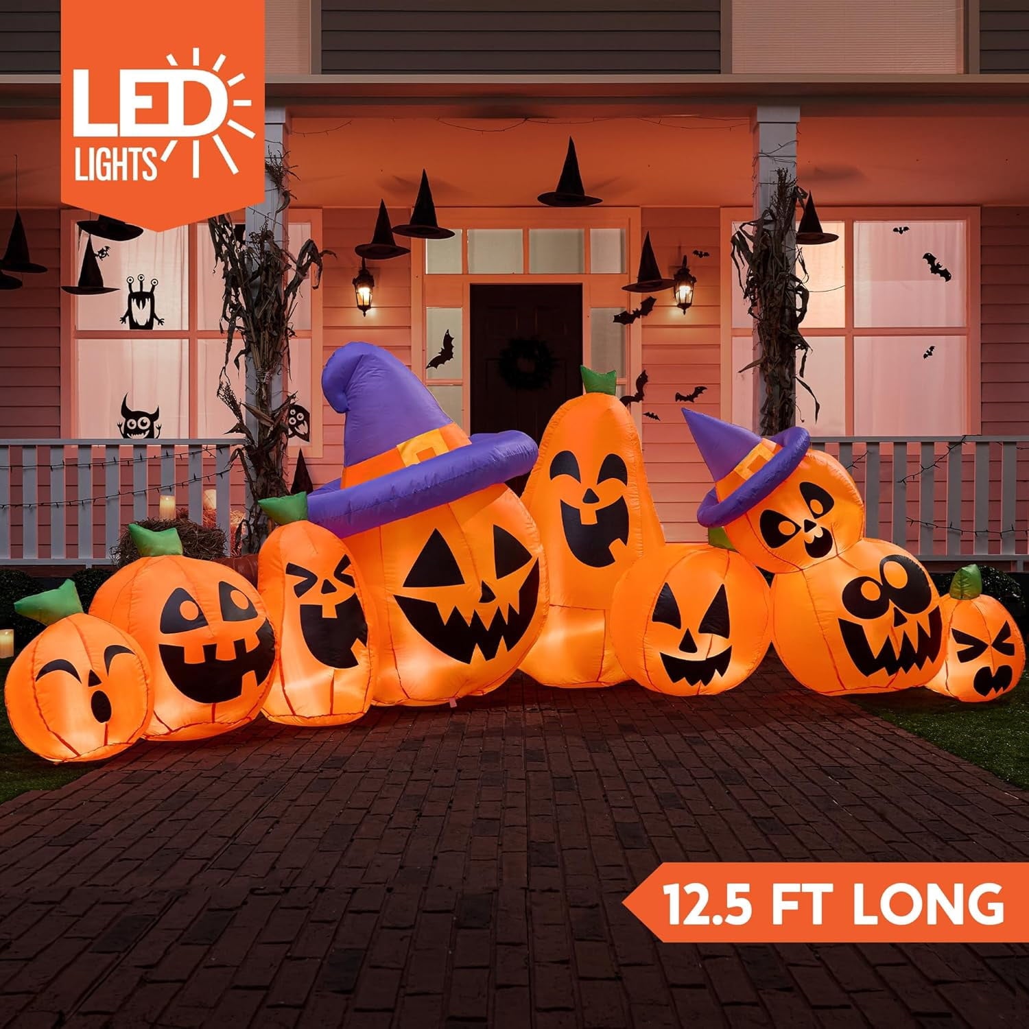 Joyfy 7 ft Halloween Inflatable Long Pumpkin with Witch's Cat Decorations Inflatables with Build-in LEDs,Halloween Decor Outdoor Blow Up Yard Decorations