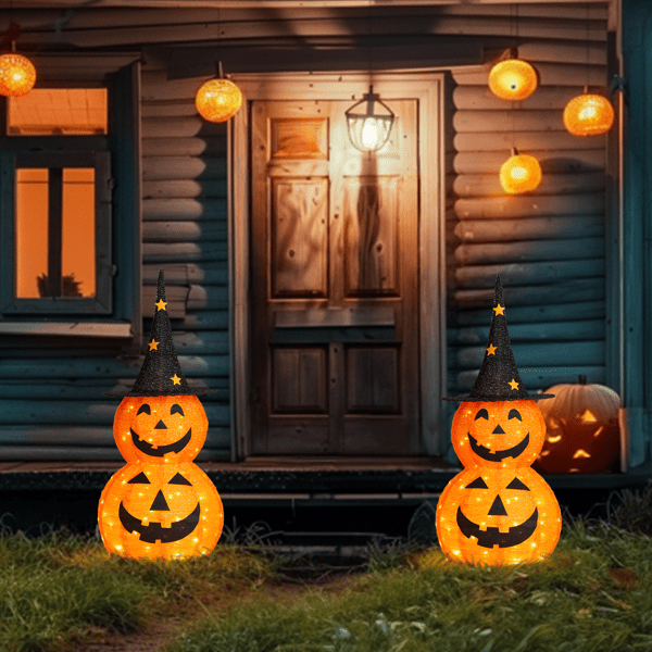 Alvantor 2-Pack 3 ft Lighted Pop-Up Pumpkin Halloween Decorations with Witch Hats and 150 LEDs Total, Orange and Black