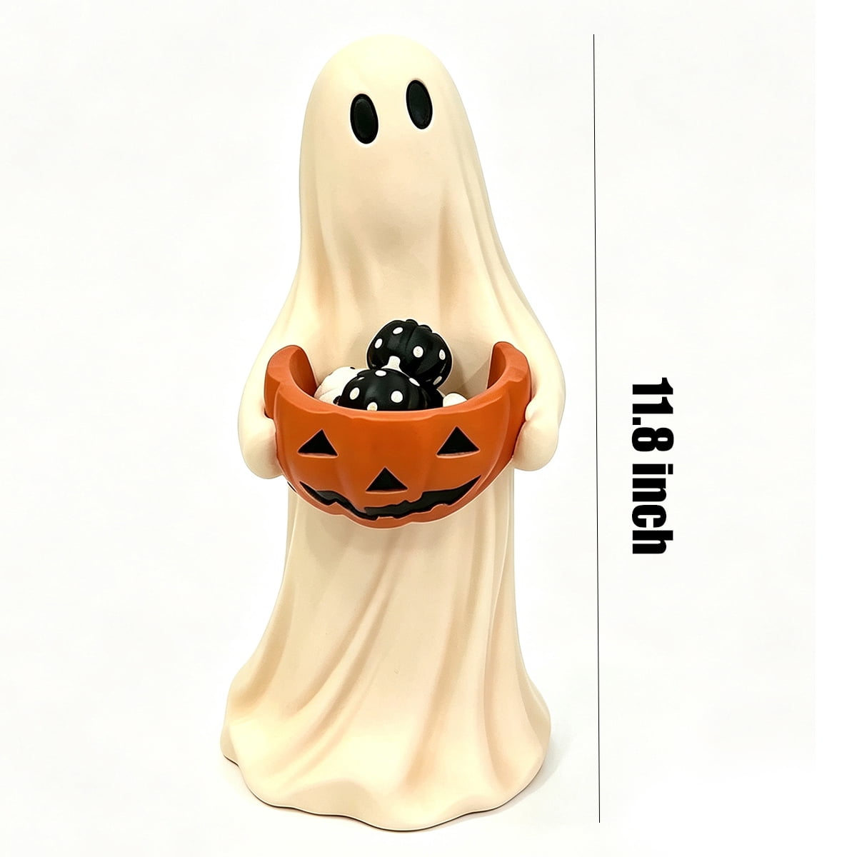 Clearance Halloween Ghost Resin Figurine with Black Cat & Pumpkin Candy Bowl 10“- Cute Spooky Tabletop Decor for Home Mantel, Shelf, and Indoor Fall Display