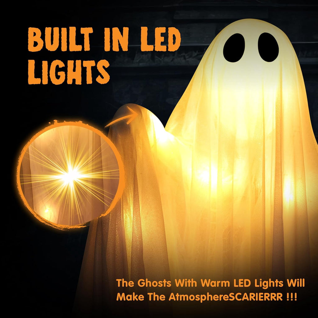 Joyfy 47" Halloween Hanging Light up Ghost Decorations Outdoor,White Ghosts with Blue LED Light and Timer Halloween Hanging Decoration Waterproof for Front Yard Patio Lawn