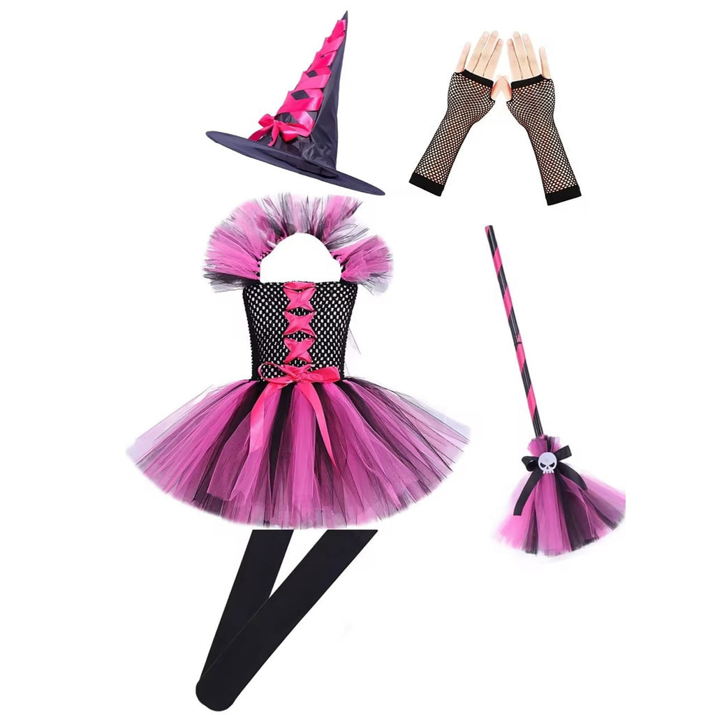 Girl Witch Outfit Tutu Mesh Dress Black Lace Cloak Halloween Outfits Kids 7-8 Years Halloween Outfit Dress Up
