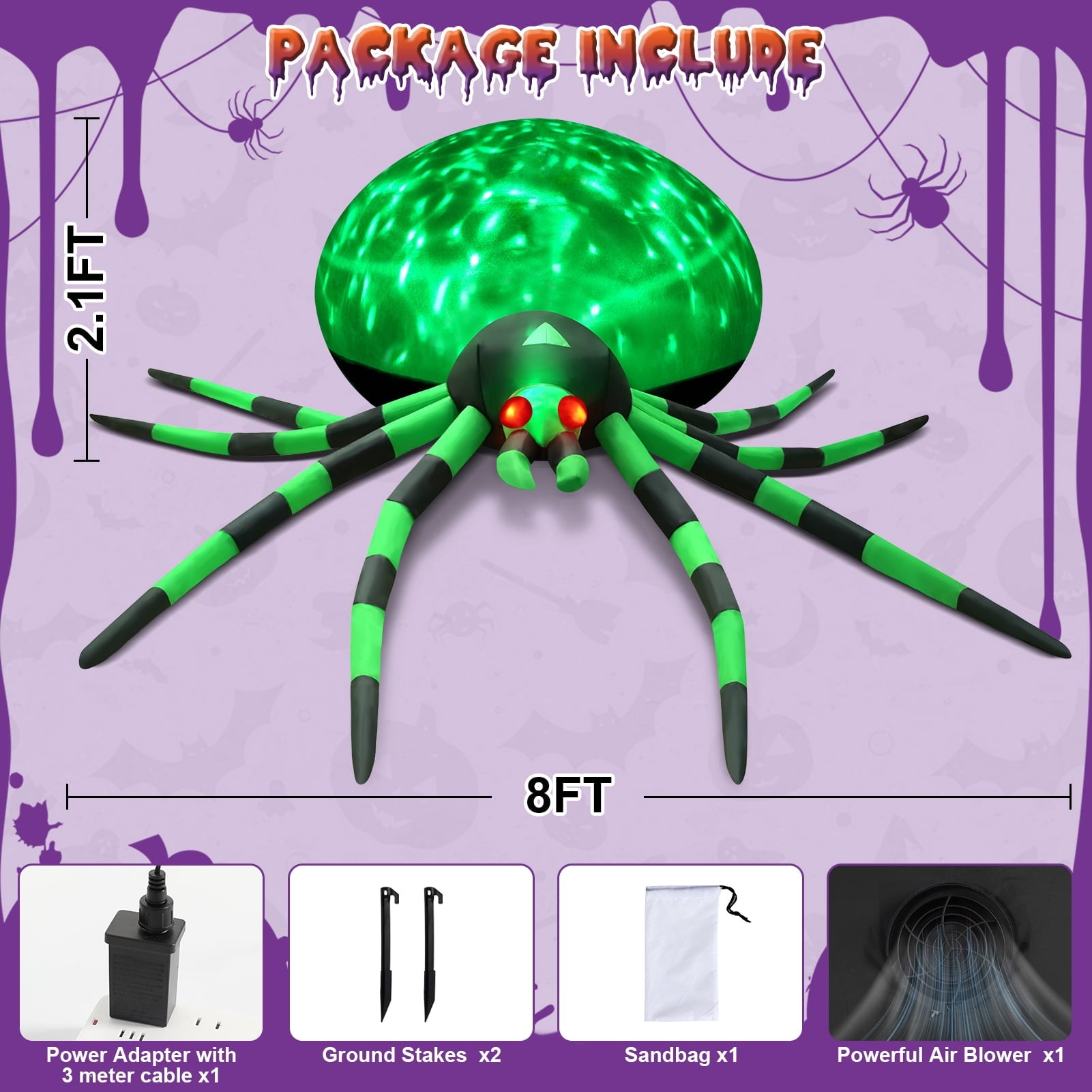 Yexmas 8FT Halloween Inflatables Outdoor Decorations Giant Spider Decorations with LED Lights and Air Pump Blow up Inflatable, Red