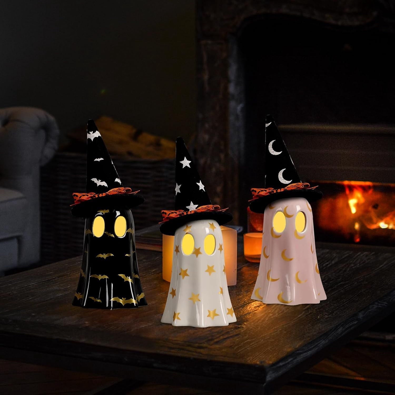 3Pcs Ceramic Ghost Figurines with Witch Hats Halloween Table Decor Set for Mantel Shelf Centerpiece Gift