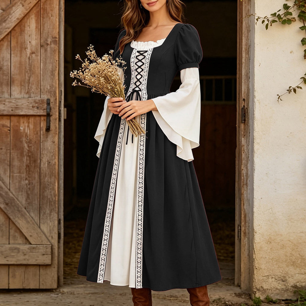 Hurxie Renaissance Costume Women Peasant Medieval Dress Maxi Fairy Dresses with Bell Sleeve Vintage Ren Faire Outfit