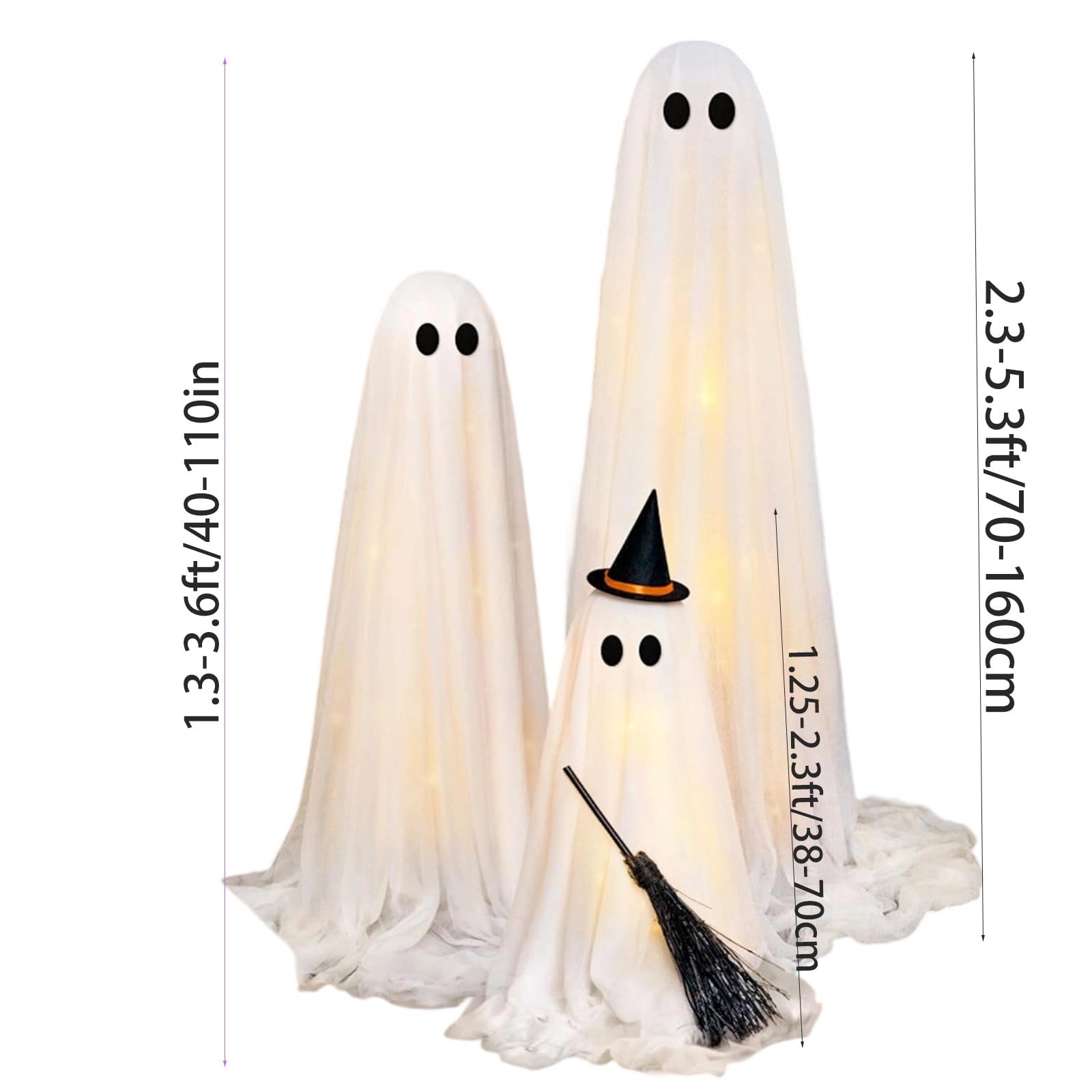 GoLucid 3 Pack Light Up Ghost Family Halloween Decorations with Remote, Adjustable Glowing Ghost Trio with Witch Hat & Broom for Yard Porch Decor