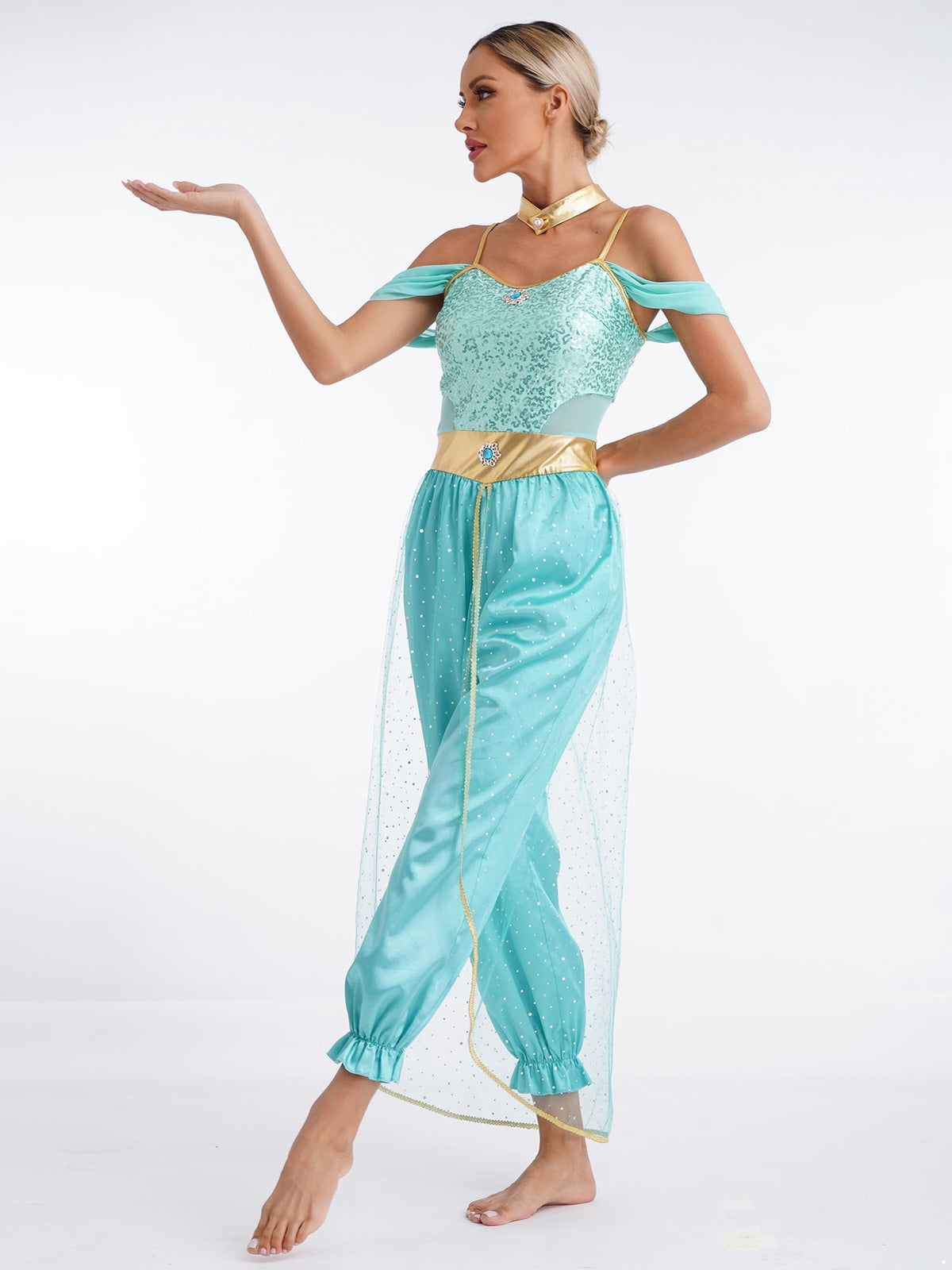 YiZYiF Women's Arabian Princess Dance Costume Halloween Party Fancy Dress Shiny Belly Dance Jumpsuit Turquoise B M