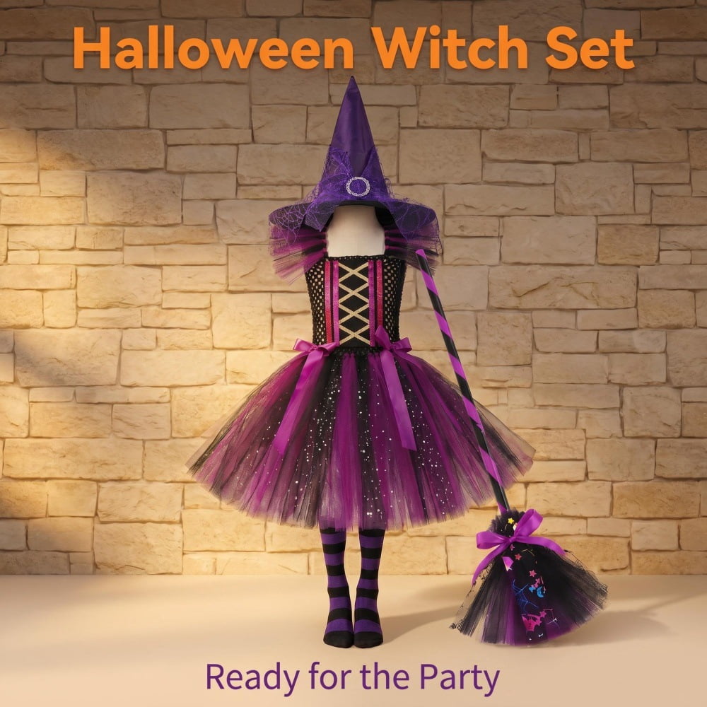 Halloween Cute Purple Witch Costume Set for Toddler Girls, Bat Outfit Dress with Witch Hat & Magic Broom