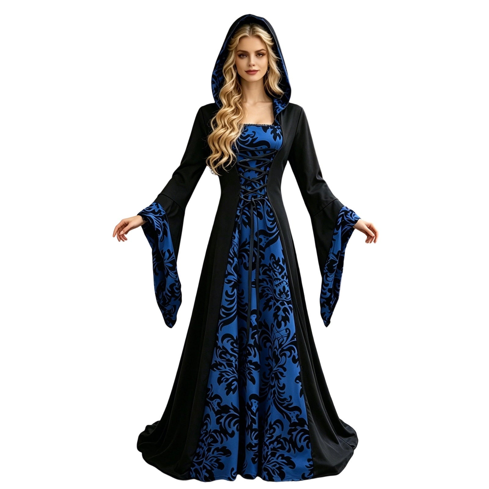 KICILVS Witch Costume Women Hooded Gothic Robe Corset Waist Bell Sleeve Maxi Length Damask Print Vampire Cloak Outfit White
