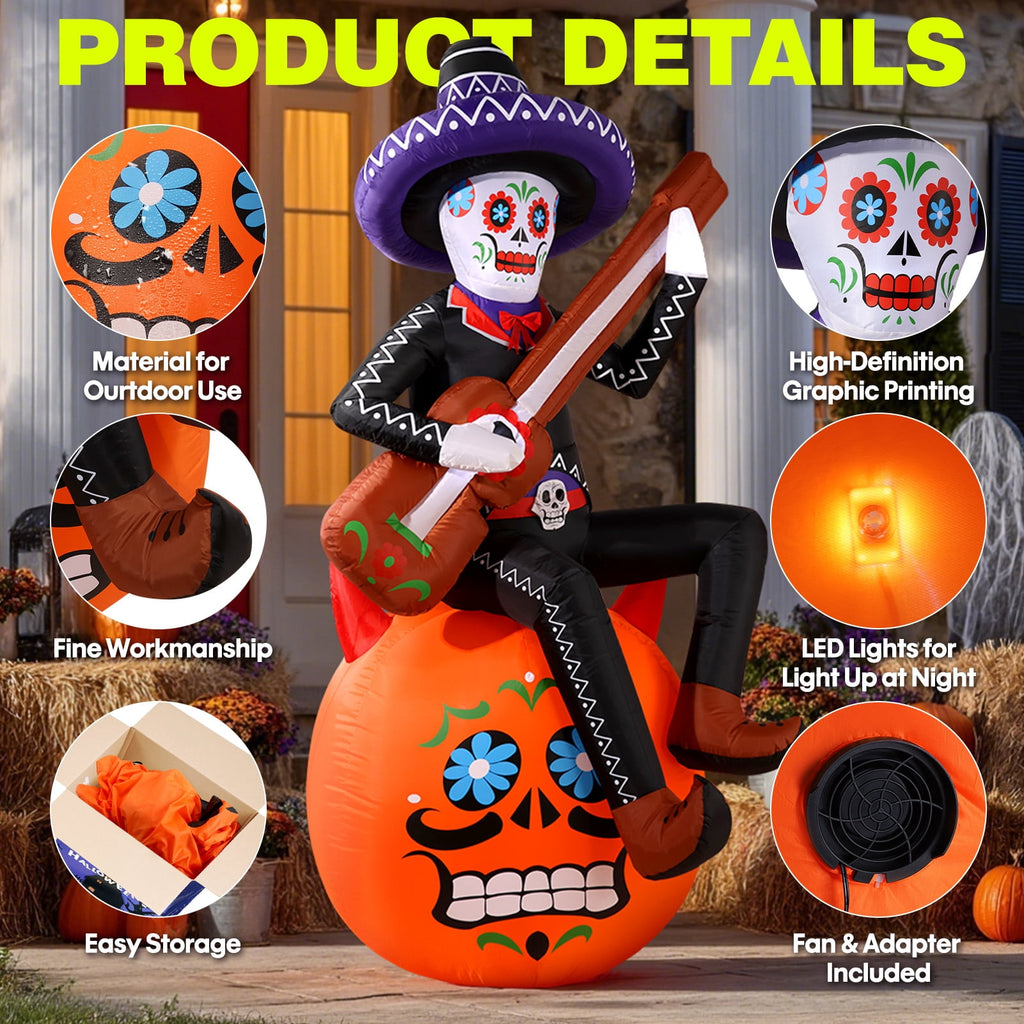 Ayieyill 6FT Halloween Inflatable Outdoor Decoration, Day of the Dead Skull with Guitar, Blow Up Yard Decor