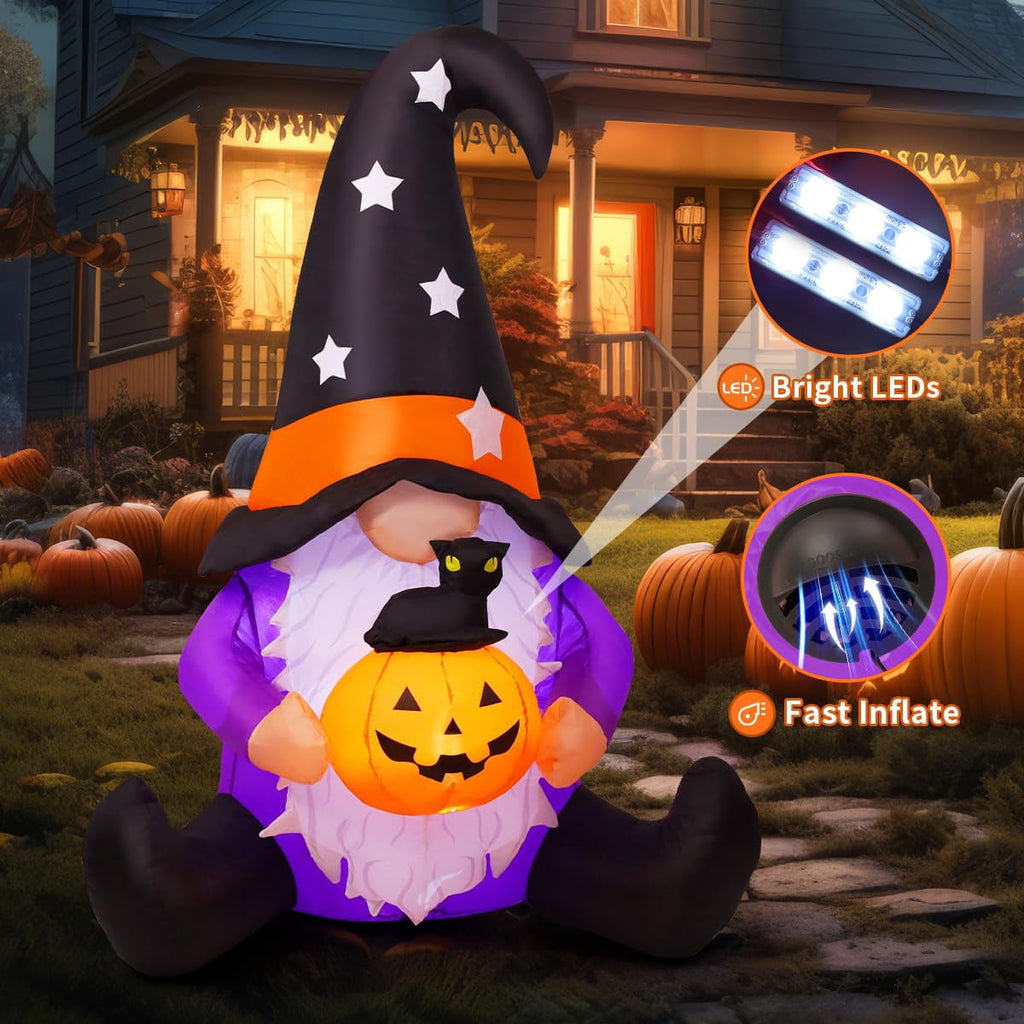 GOOSH Halloween Inflatables 5 FT Tall Inflatable Gnome Holding Pumpkin Black Cat with LEDs, Halloween Gnome Inflatables Blow up Gnome, Outdoor Halloween Decorations for Halloween Holiday Party