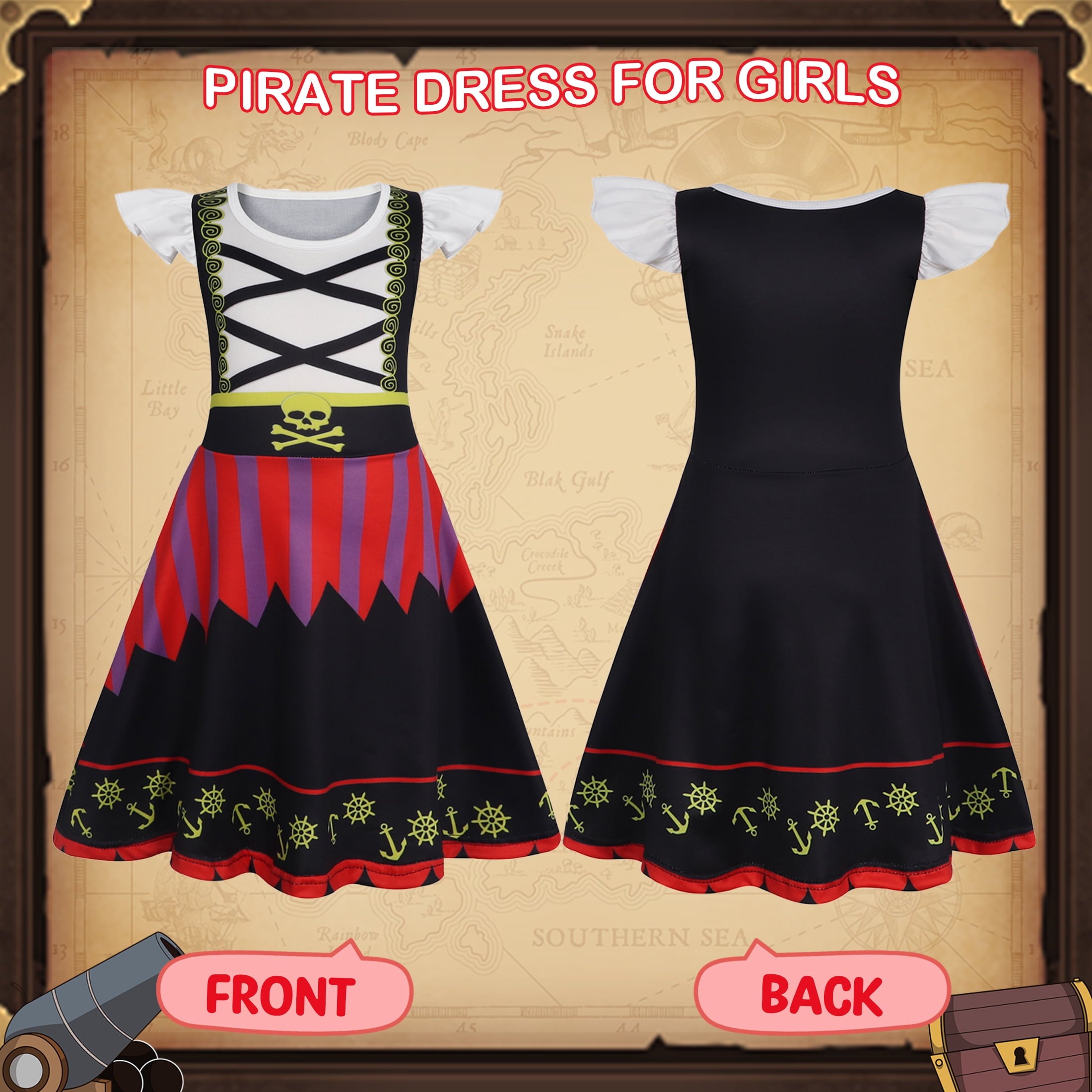 Benylion Girls Pirate Costume for Kids Halloween Party Dress Up Toddler Pirate Christmas Cosplay Outfit with Accessories for 5-6 Years