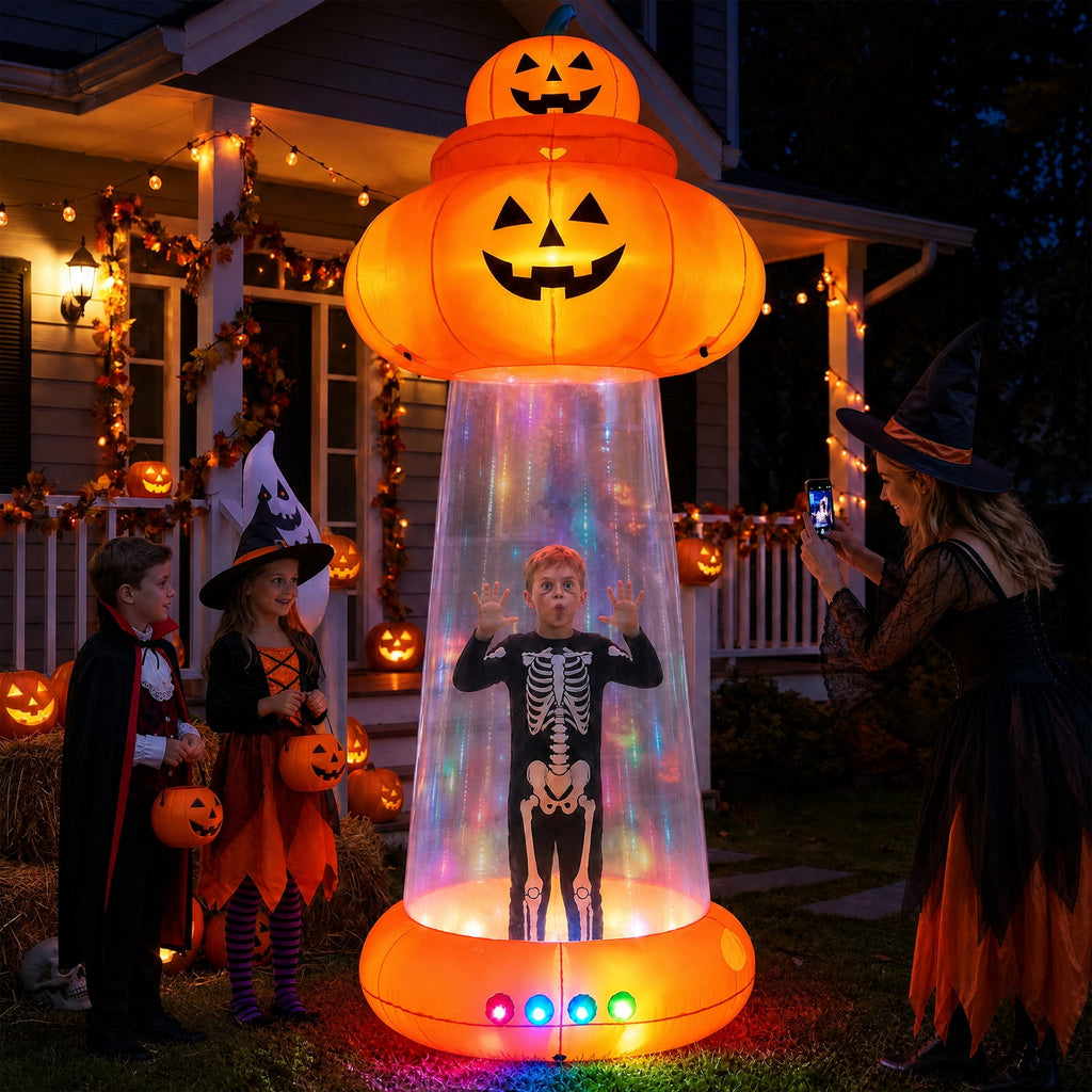 BSHAPPLUS® 9 FT Halloween Pumpkin UFO Inflatable,Walk-in Inflatable Yard Decor with Levitating Cow,Built-in LED Lights,Outdoor Blow up Decor for Lawn Garden Party,19.7ft Extra-Long Power Cord