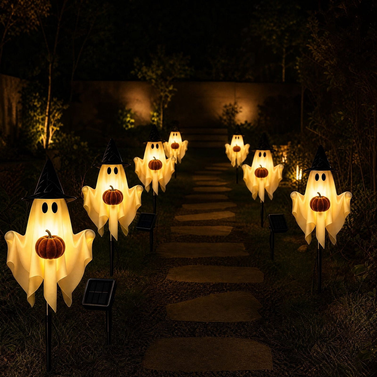 1-Pack Halloween Solar Lights with 8 Lighting Modes - Light Up Ghost Decorations for Outdoor, Witch Hat With Dimensional Pumpkin Halloween Ghost Path Lights