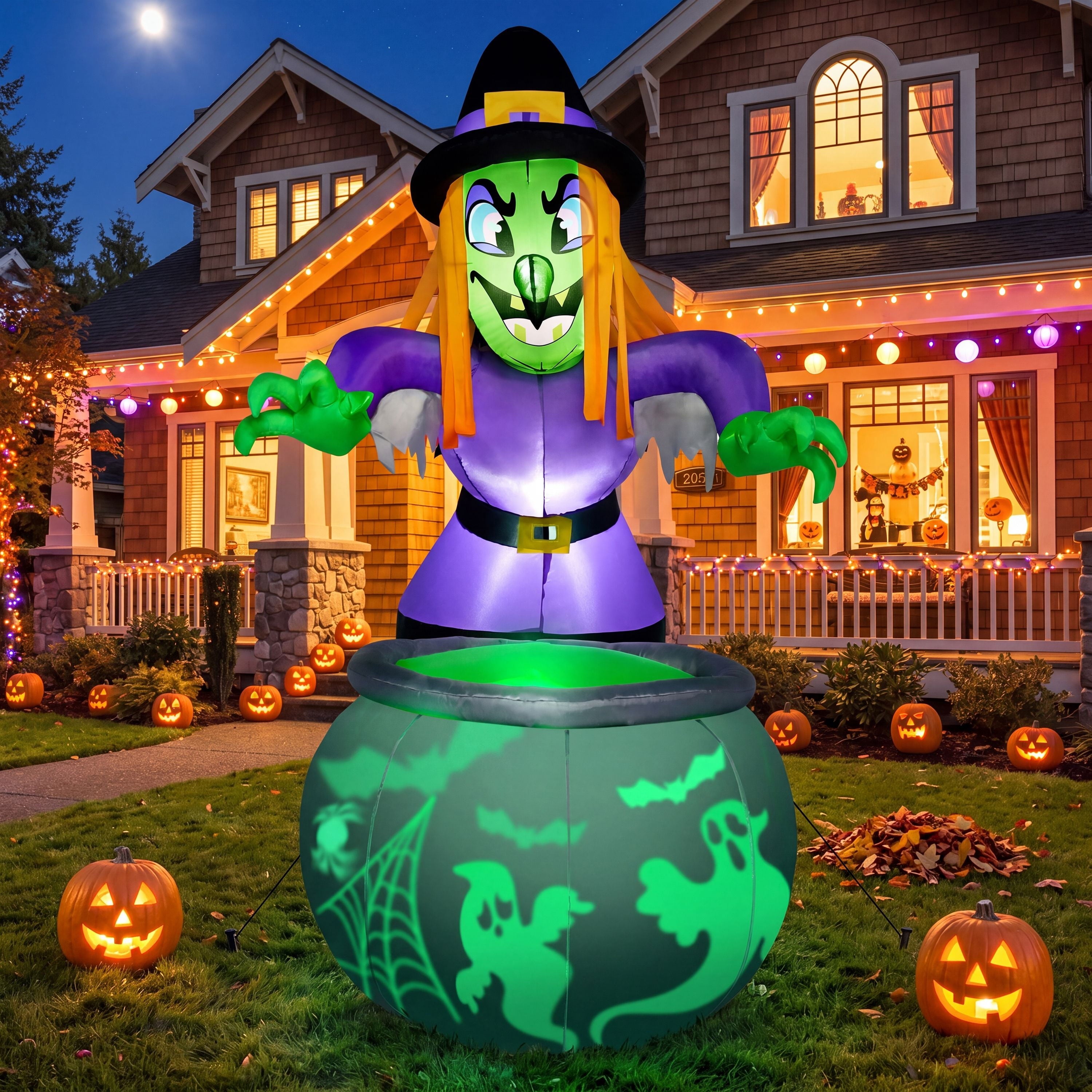 Joyfy 6 ft Halloween Inflatable Witch & Cauldron,Blow Up Decor with Rotating Green Ghost Projection Built-in LEDs,Outdoor Decoration for Party,Yard,Garden