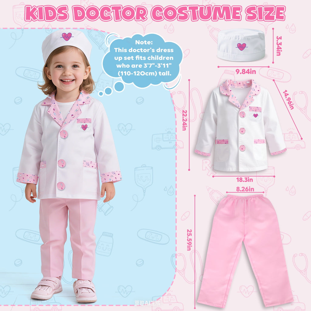 Doctor Costume for Kids Doctor Coat, Doctor Dress Up and Play Set 8 PCS with Real Stethoscope, Lab Coat Career Day Costume Kit for Toddlers Girls 3-12 - Pink
