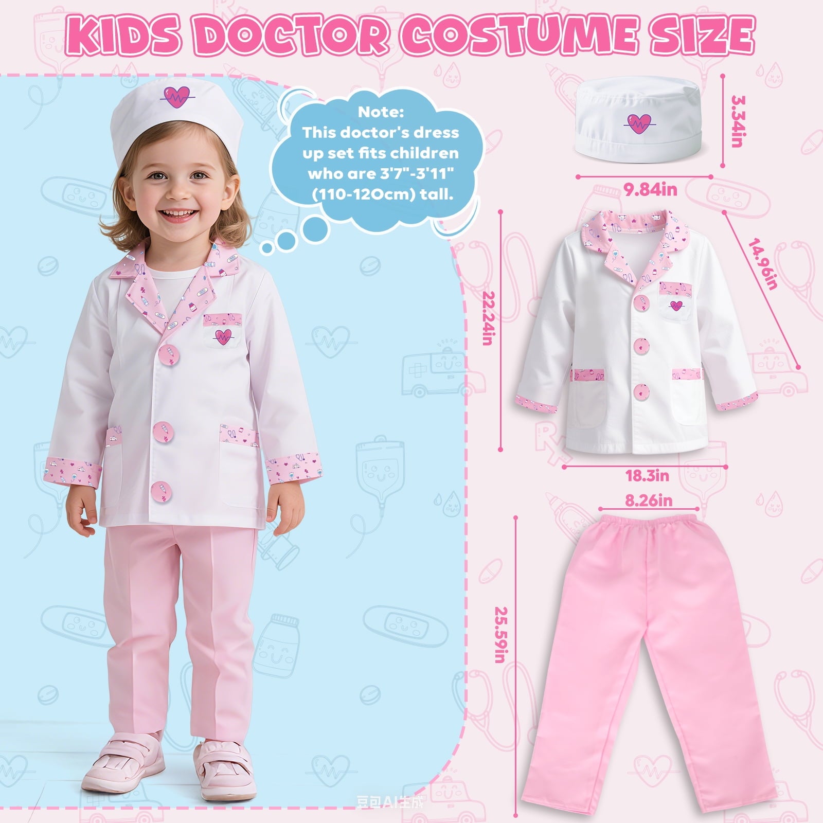 Doctor Costume for Kids Doctor Coat, Doctor Dress Up and Play Set 8 PCS with Real Stethoscope, Lab Coat Career Day Costume Kit for Toddlers Girls 3-12 - Pink