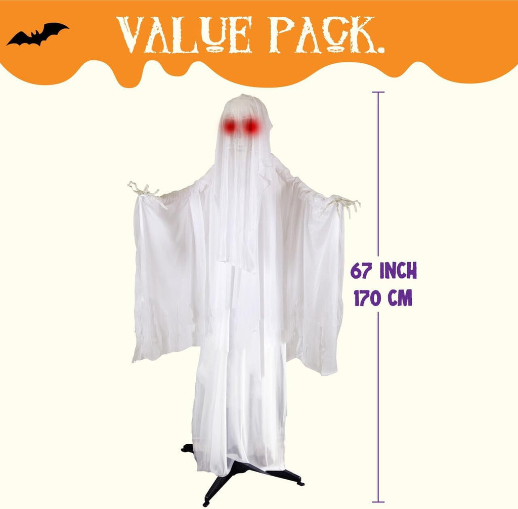 Joyfy 67" Standing Grim Reaper with Chain, Large Halloween Decorations Outdoor, Life Size Animatronics Skelton, Sound-Actived Party Decor with Creepy Sound & LED Eyes, Scary Haunted House Props
